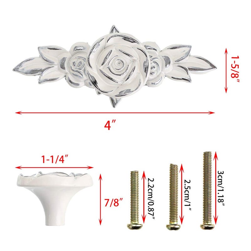 JUXYES Pack of 5 Euro Rose Decorative Cabinet Knobs with Plate, Floral Ivory Drawer Knob Cupboard Door Knobs, Ivory White Drawer Pulls Cabinet Handle Knobs for Dresser Cabinet (S, Ivory with Silver) - Image 2